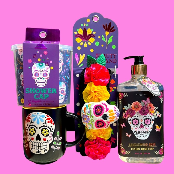 Sugar Skull Other - Sugar Skull Pampering Bundle NWT Sandalwood Hand Soap Mug Shower Cap Headband